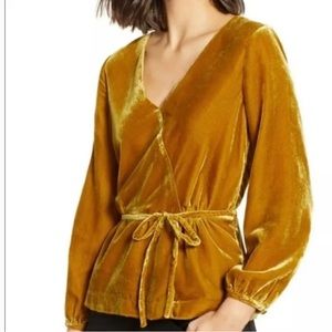 J.CREW  Faux-Wrap Top in Drapey Velvet Mustard Yellow Bracelet Sleeve Size 2